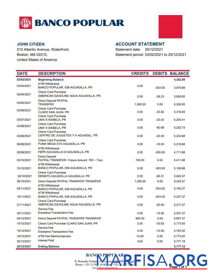 Downloadable Portugal Banco Popular bank statement excel download for verification